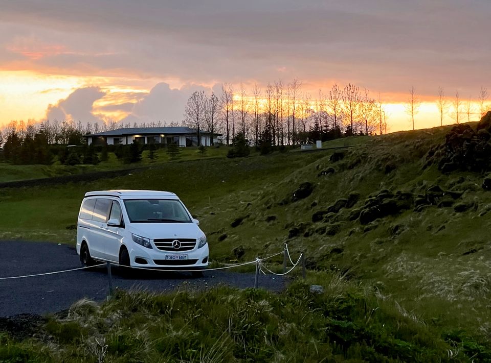 Camper Van in Iceland at Sunset